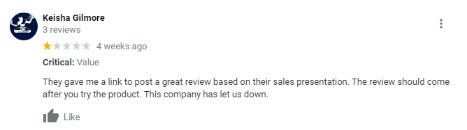 They gave me a link to post a great review based on their sales presentation. The review should come after you try the product. This company has let us down.